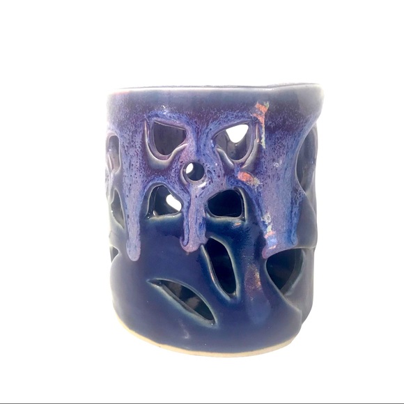 Bay Pottery Art Candle Holder Cut Out Floral Detail Purple. - Picture 1 of 15
